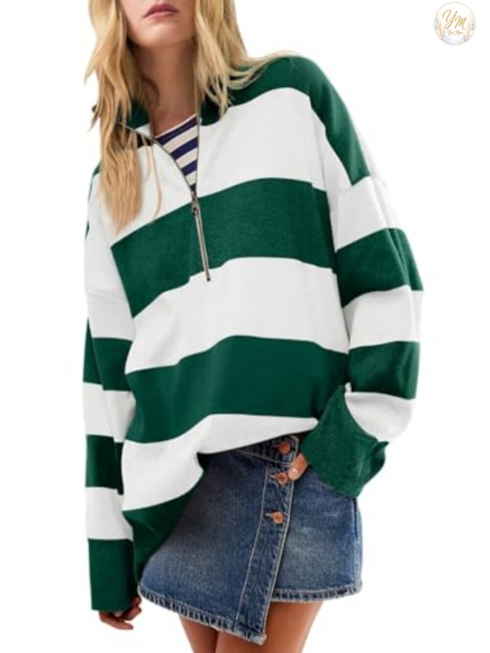 Women's Striped Half Zip Turtleneck Sweater Vintage Fall Winter Soft Knit